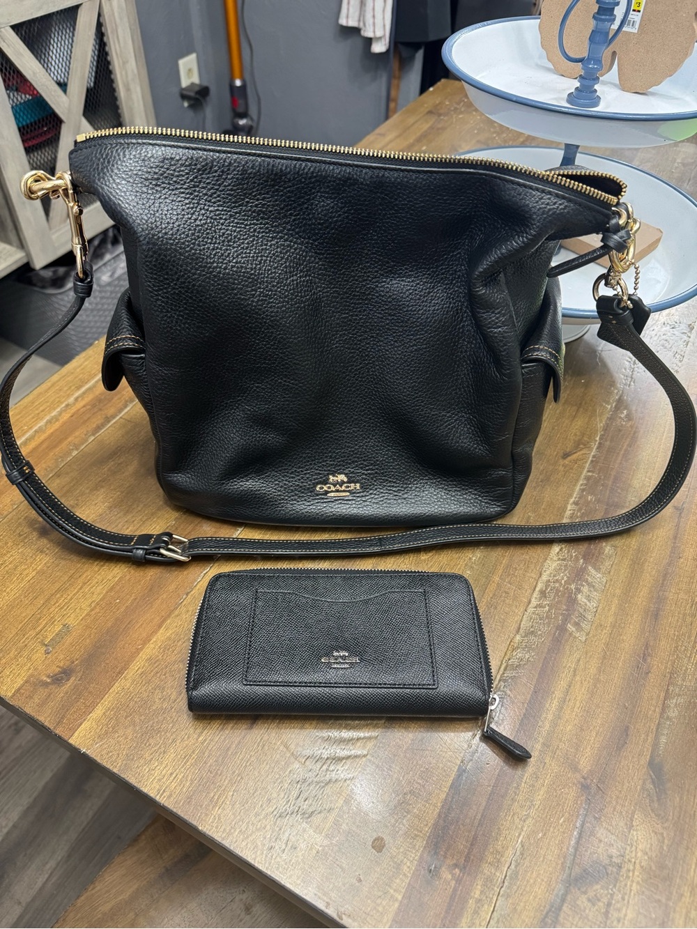 Coach Black Pebbled Leather Shoulder Hobo with Matching Zip Wallet